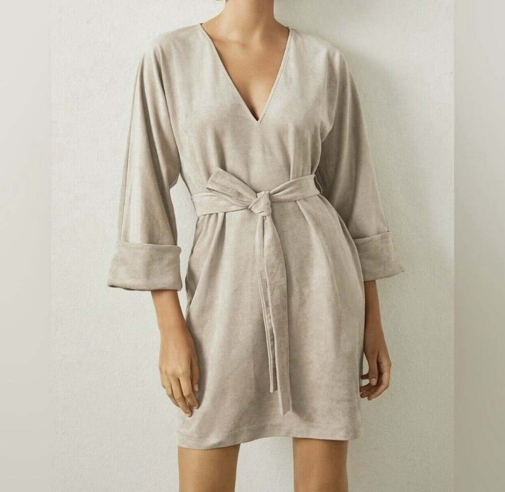 BCBGMAXAZRIA Women's Faux-Suede Mini Dress 3/4 SLEEVE V-NECK BELTED Sz XXS